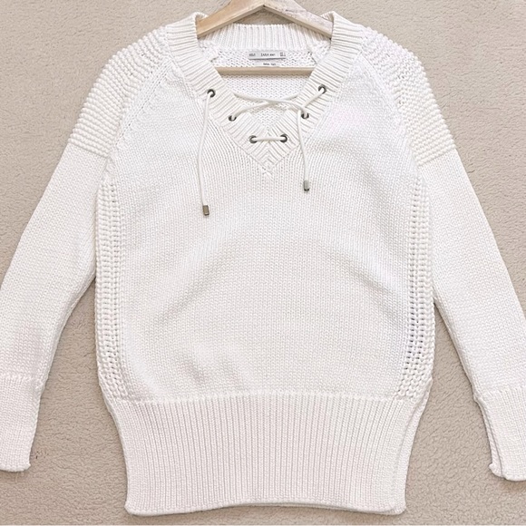 ZARA KNIT WOMENS ITALIAN YARN SWEATER  CHUNKY KNIT LACE UP - Picture 5 of 8